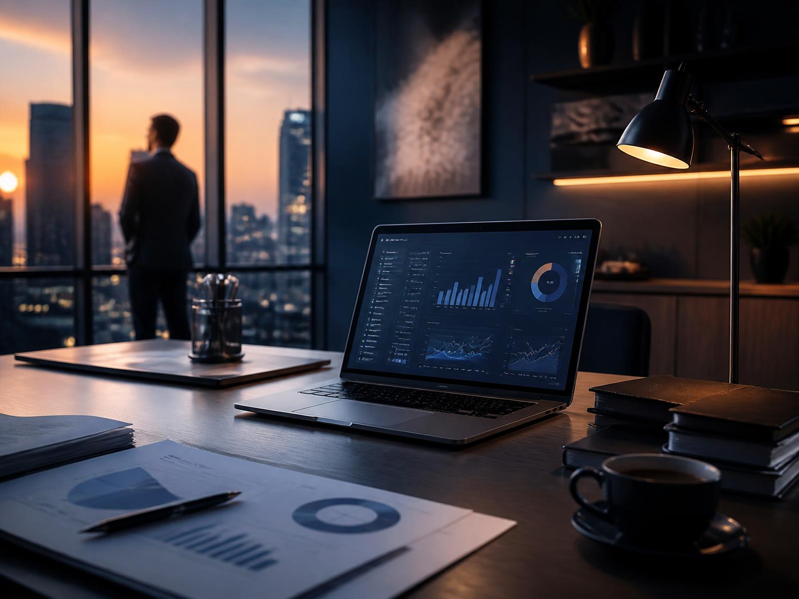 Accounting firm office at dusk with financial dashboards on a laptop